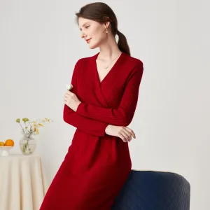 100% Cashmere Knit V-Neck Midi Dress