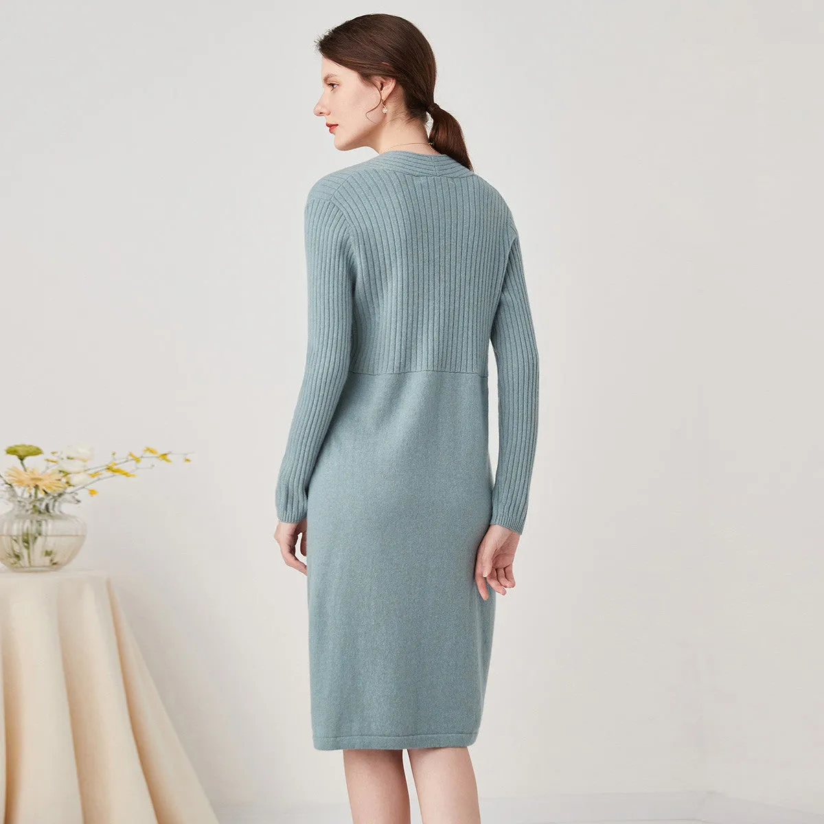 100% Cashmere Knit V-Neck Midi Dress