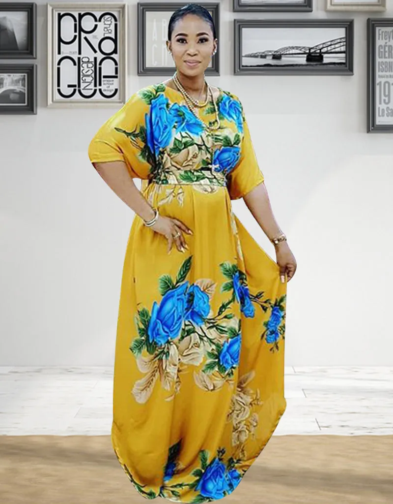 African Bicolor Floral Print Dubai Abaya Dress for Muslim Women