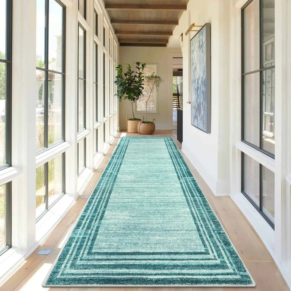 Amabel Modern Abstract Ombre Border Minimalist Teal Area Rug