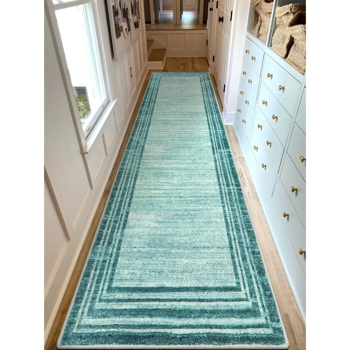 Amabel Modern Abstract Ombre Border Minimalist Teal Area Rug