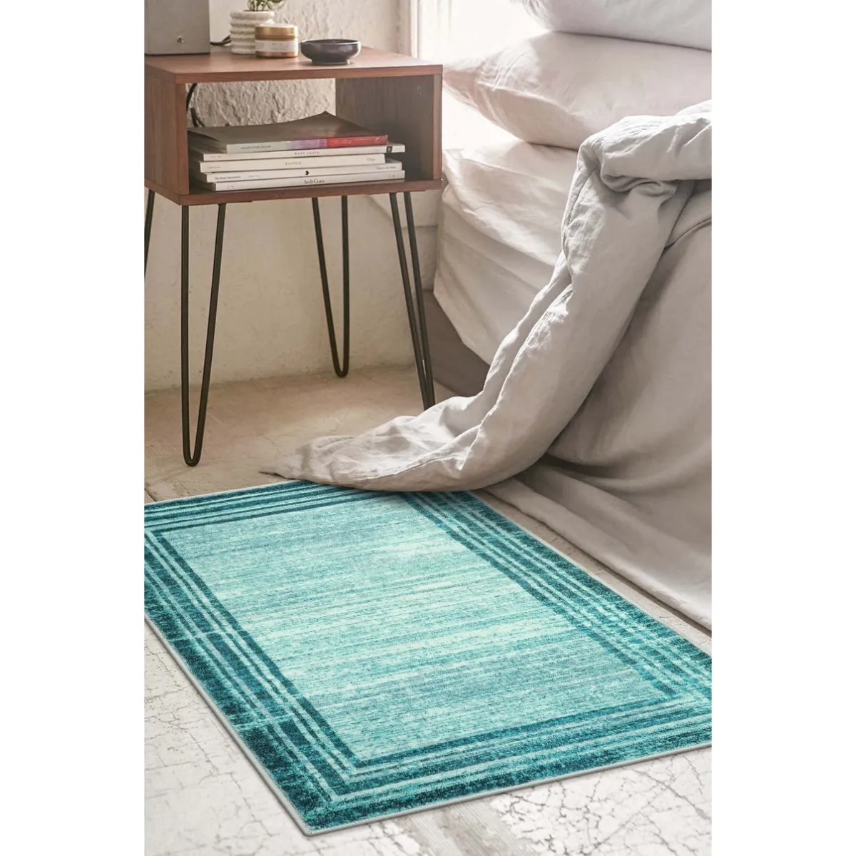 Amabel Modern Abstract Ombre Border Minimalist Teal Area Rug