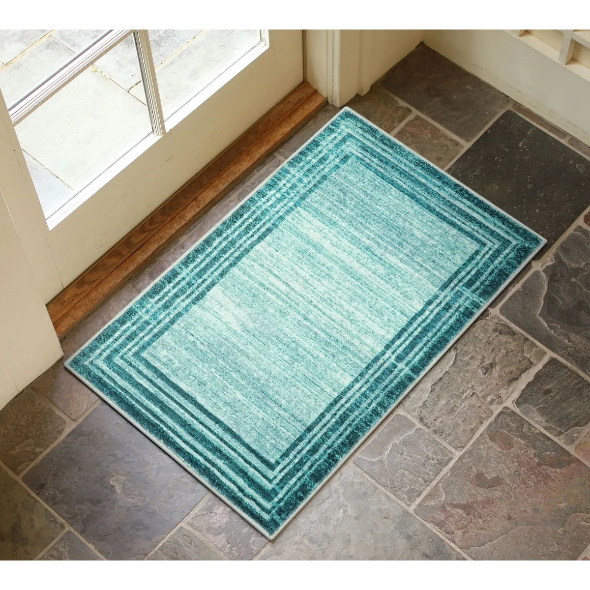 Amabel Modern Abstract Ombre Border Minimalist Teal Area Rug