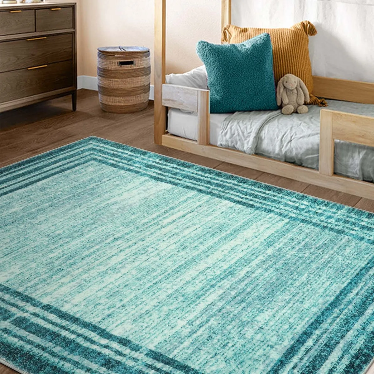 Amabel Modern Abstract Ombre Border Minimalist Teal Area Rug