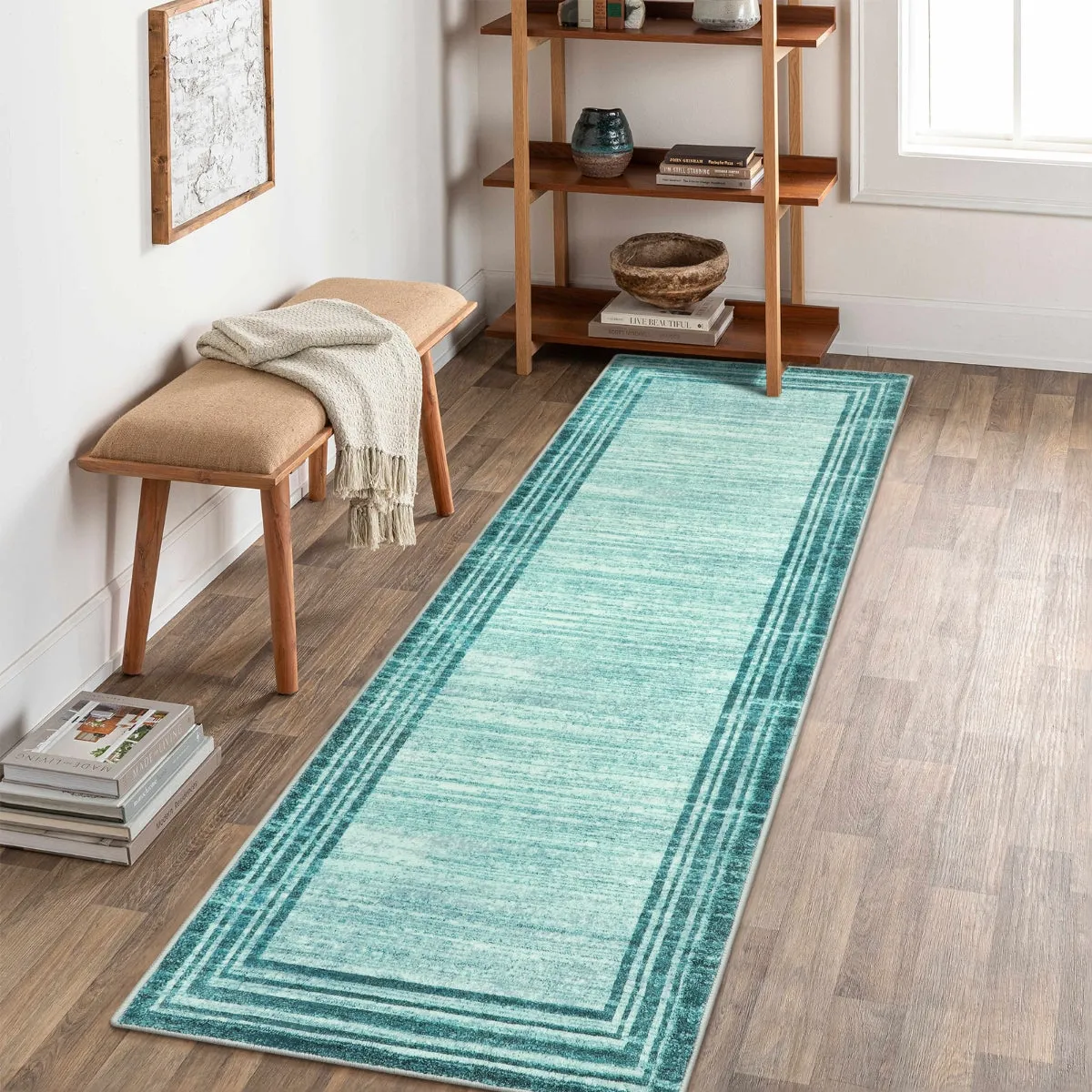 Amabel Modern Abstract Ombre Border Minimalist Teal Area Rug