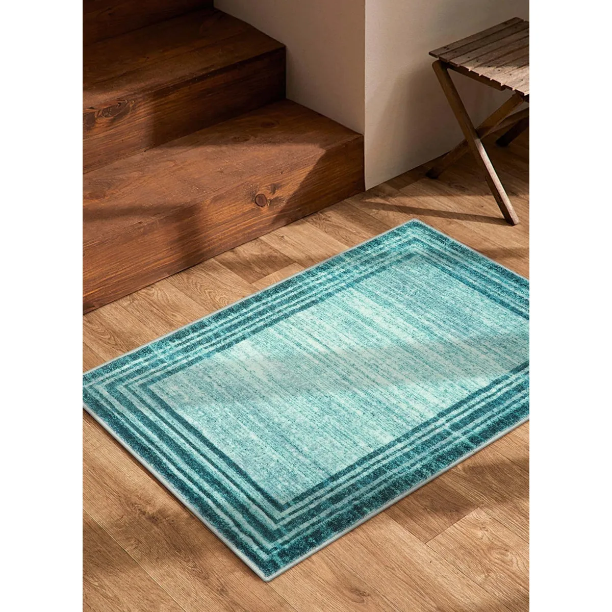 Amabel Modern Abstract Ombre Border Minimalist Teal Area Rug