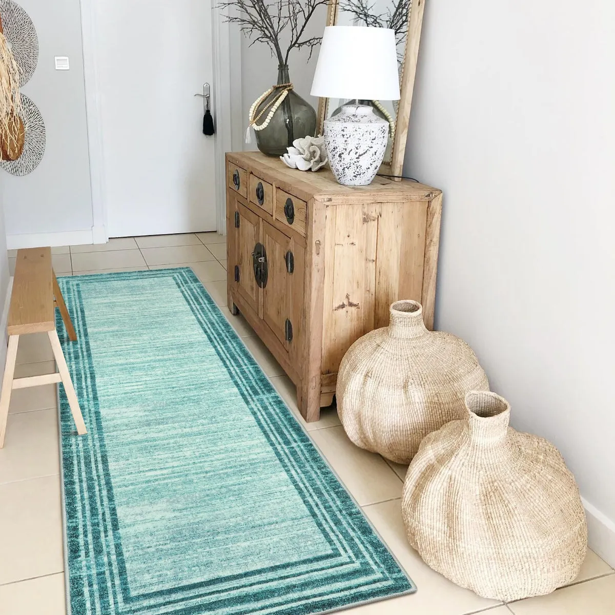 Amabel Modern Abstract Ombre Border Minimalist Teal Area Rug