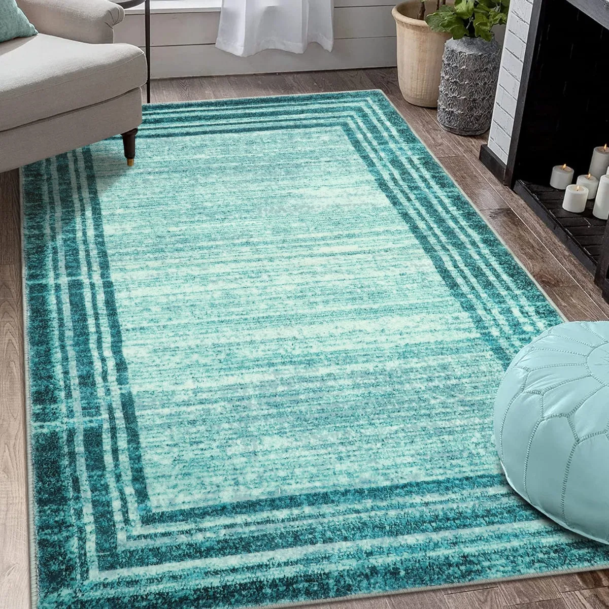 Amabel Modern Abstract Ombre Border Minimalist Teal Area Rug