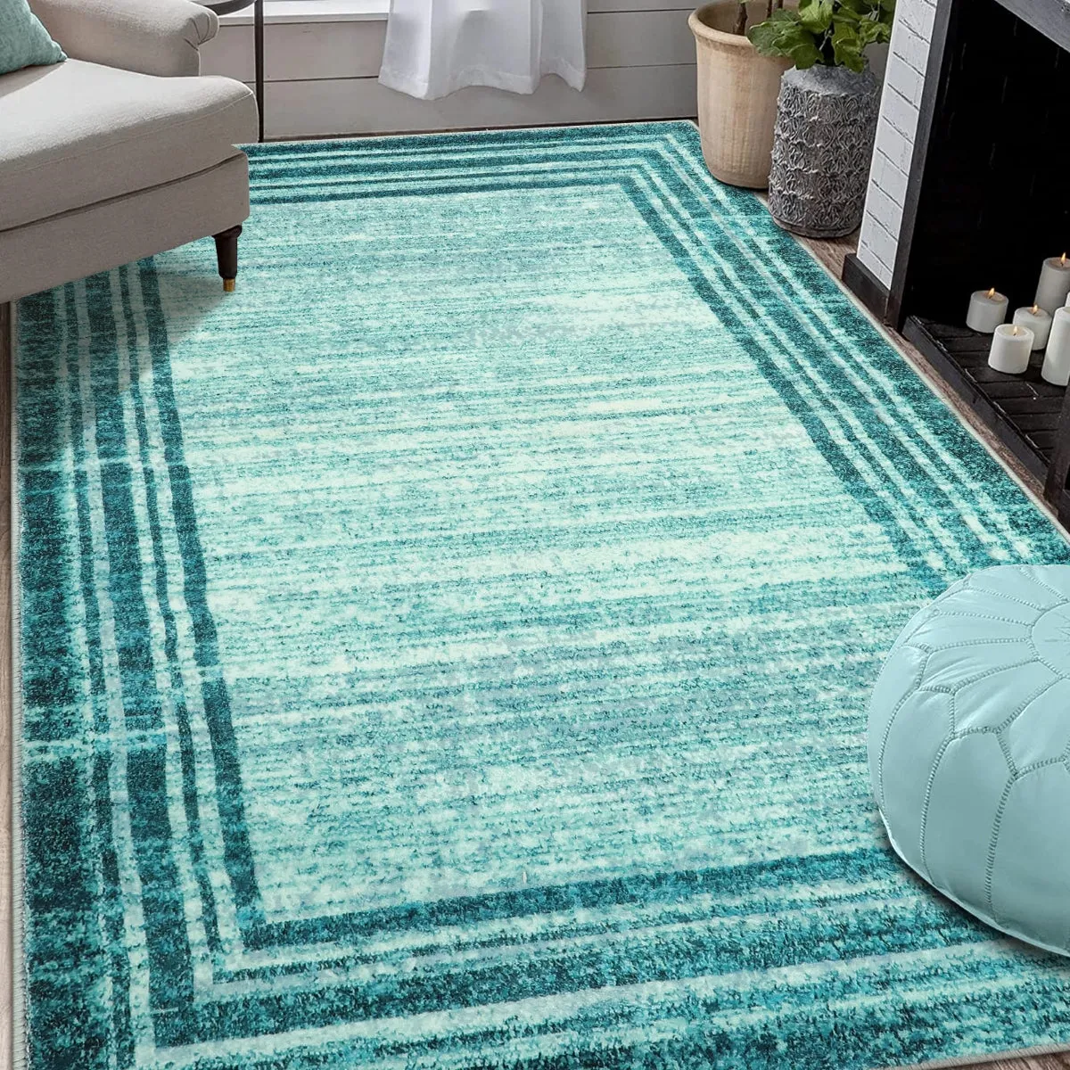 Amabel Modern Abstract Ombre Border Minimalist Teal Area Rug