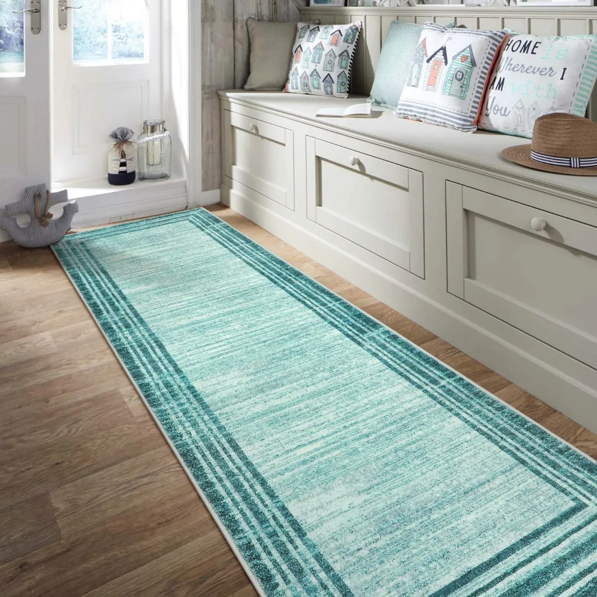 Amabel Modern Abstract Ombre Border Minimalist Teal Area Rug