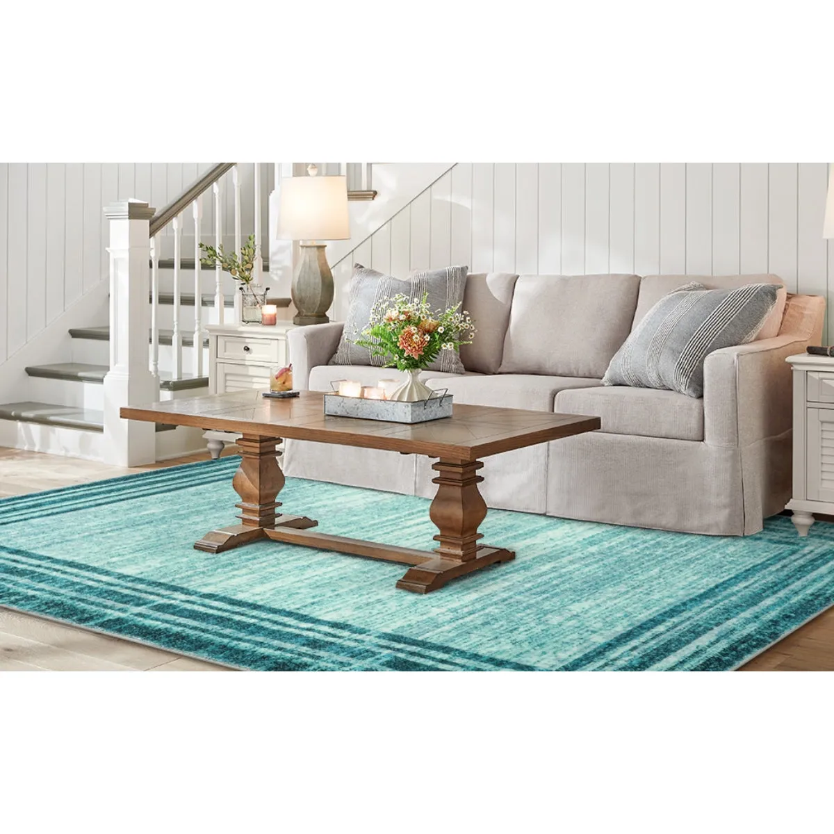 Amabel Modern Abstract Ombre Border Minimalist Teal Area Rug