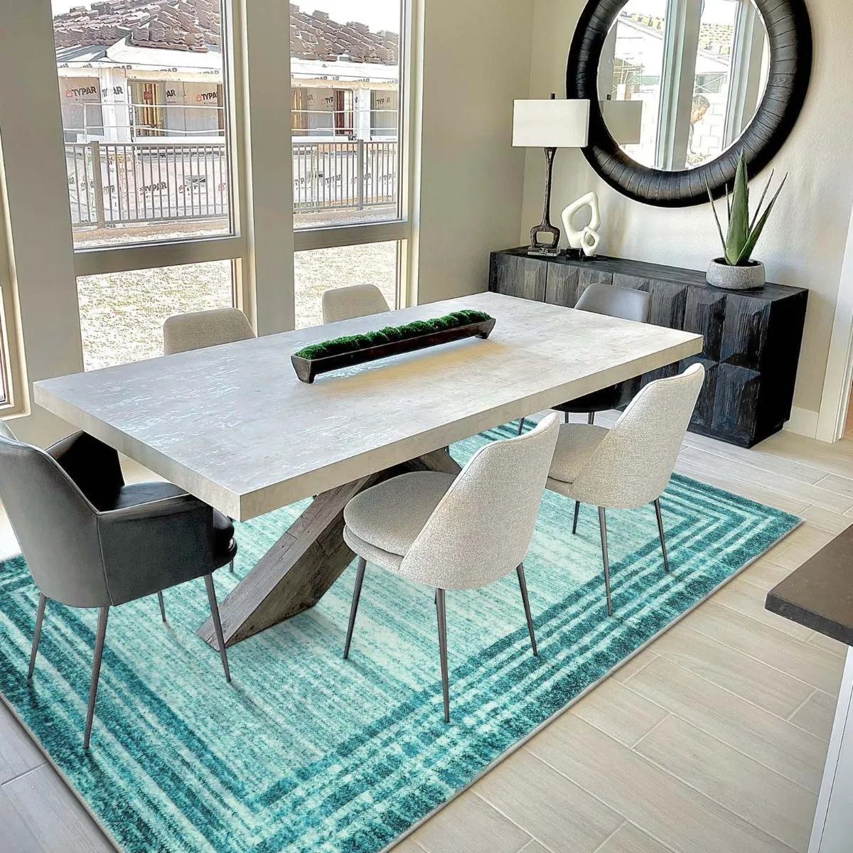 Amabel Modern Abstract Ombre Border Minimalist Teal Area Rug