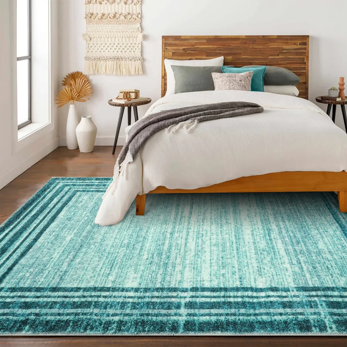 Amabel Modern Abstract Ombre Border Minimalist Teal Area Rug