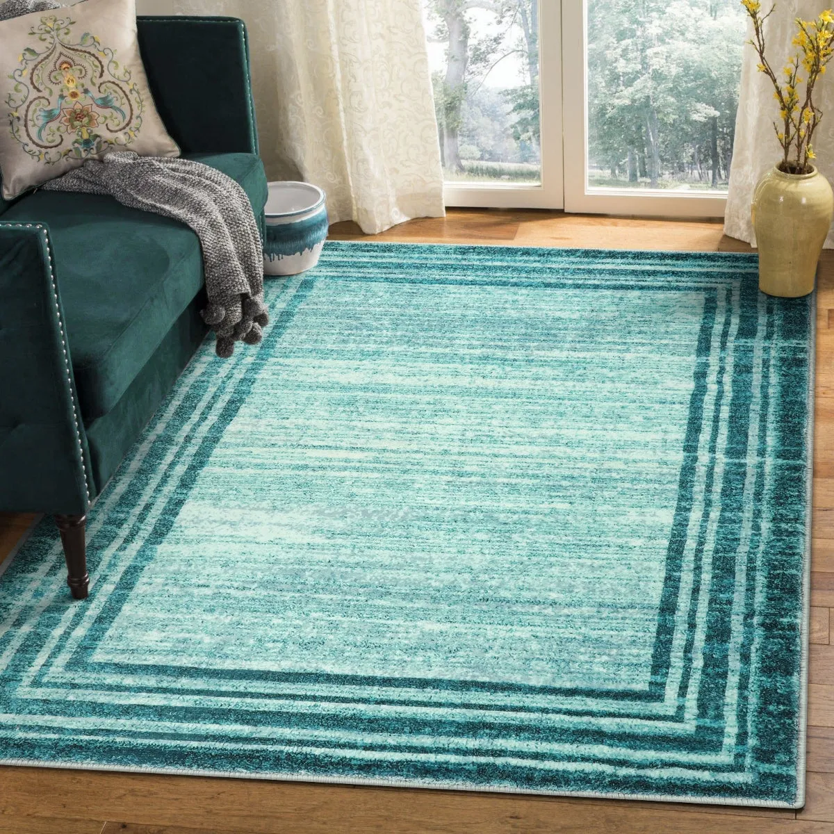 Amabel Modern Abstract Ombre Border Minimalist Teal Area Rug