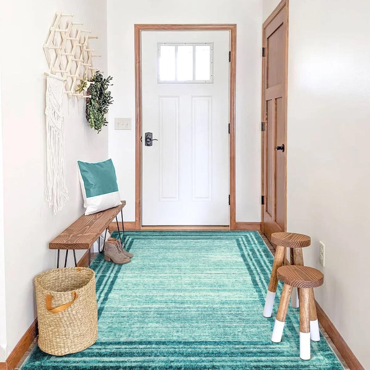 Amabel Modern Abstract Ombre Border Minimalist Teal Area Rug