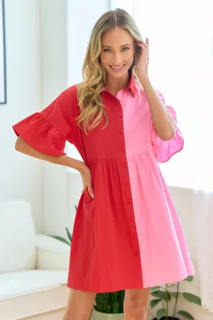 Full Size Color Blocked Button Down Babydoll Dress