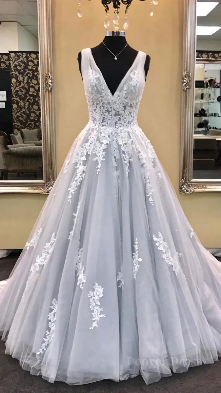 kamahe Gray v neck tulle lace applique long prom dress, gray evening dress