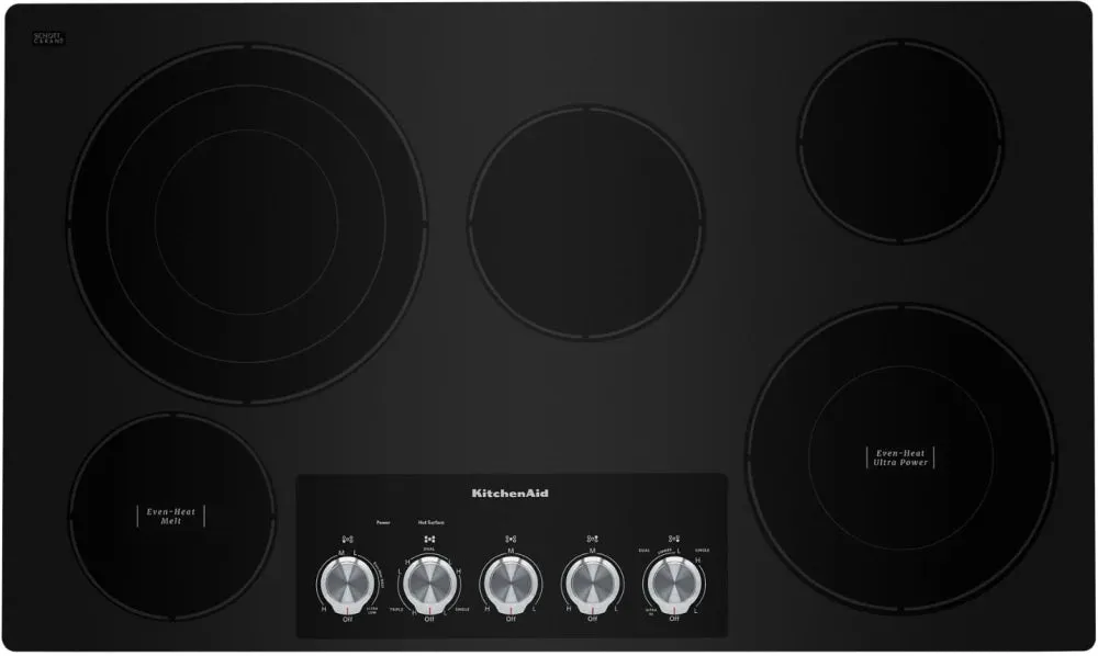 KitchenAid KCES556HBL 36 Inch Electric Cooktop with 5 Radiant Elements, Even-Heat™ Ultra Power™ Element, Even-Heat™ Melt Element, Triple-Ring Element, Metal Control Knobs, and ADA Compliant: Black