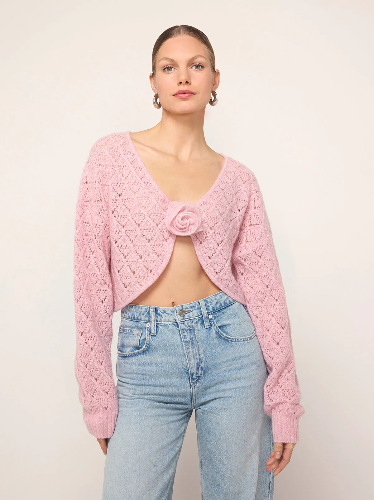 Krissy Pink Pointelle Rose Knit Cardigan