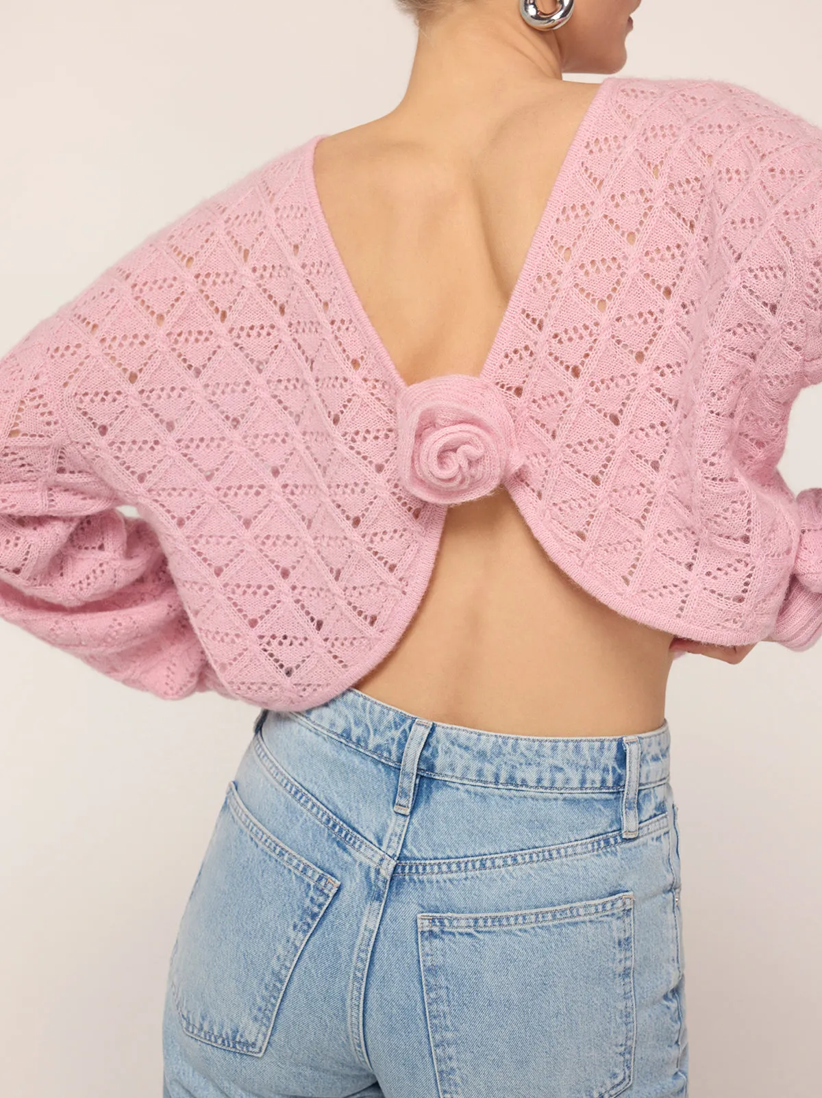 Krissy Pink Pointelle Rose Knit Cardigan