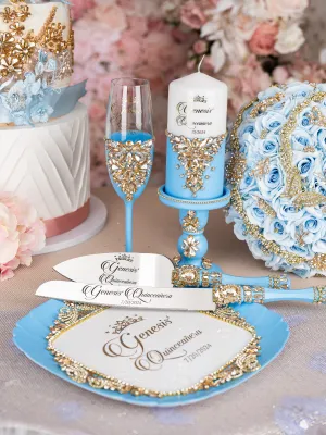 Light Blue Gold  quinceanera brindis package with candle