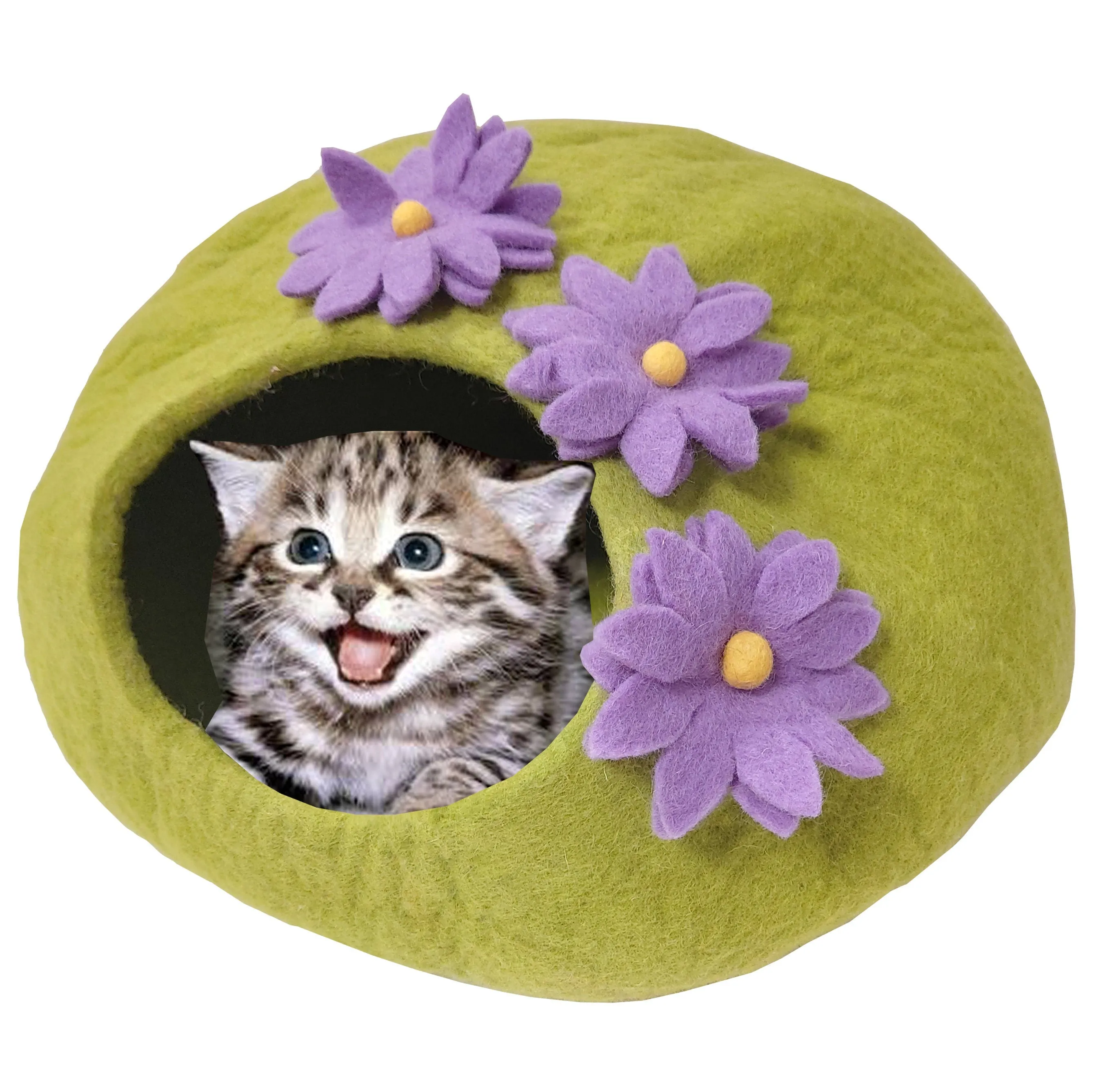 LUXURY 100% Natural Wool GREEN Floral Cat Cave Handmade Shaped Felt Makes Great Covered  Indoor outdoor Cat House Bed Kitty Cosy Hideaway