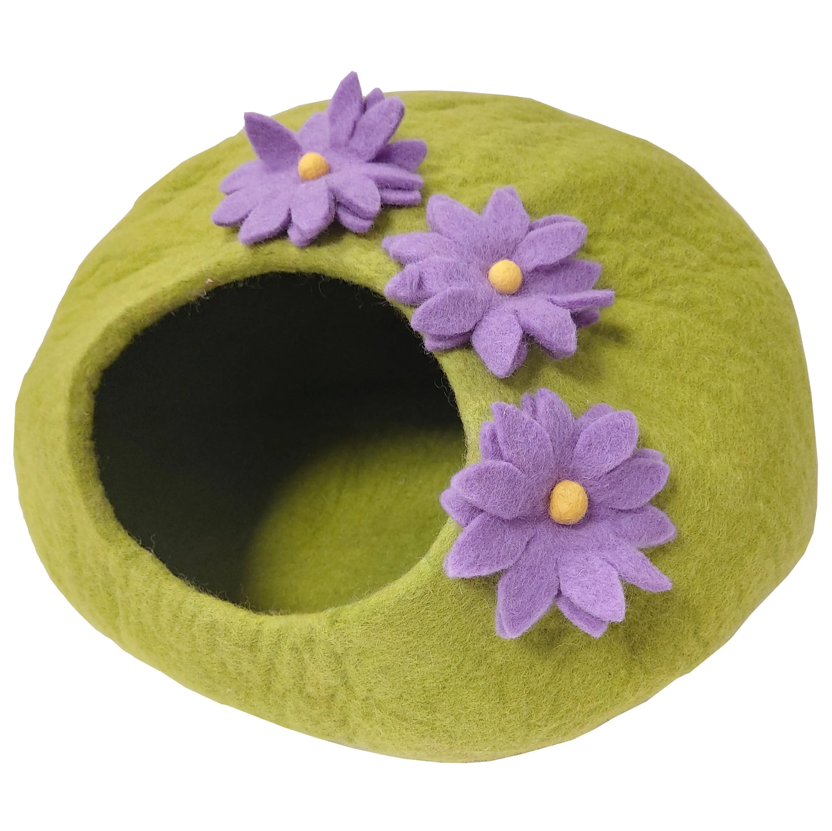 LUXURY 100% Natural Wool GREEN Floral Cat Cave Handmade Shaped Felt Makes Great Covered  Indoor outdoor Cat House Bed Kitty Cosy Hideaway