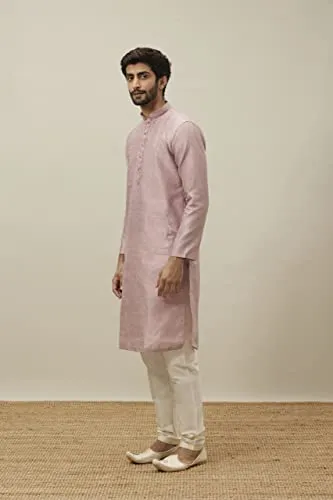 Manyavar Kurta Set For Men, Full Sleeves Mandarin Collar Ethnic Kurta & Payjama Set Art Silk All Over Self Design Set (DUSTY PINK, L)
