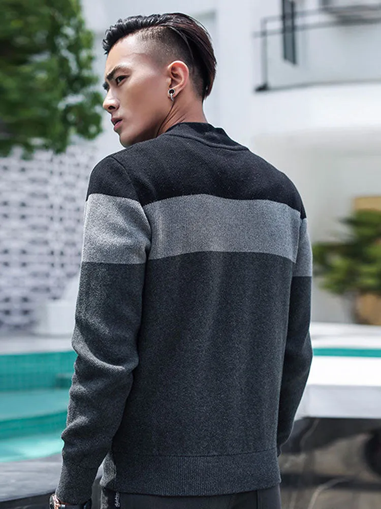 Men'S Crew Neck Zip Casual Striped Sweater