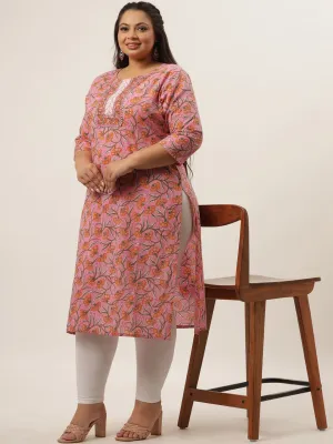 Plus Size Pink Floral Printed Kurta