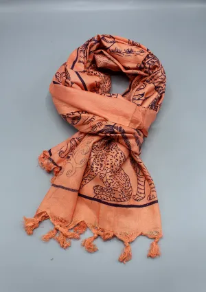 Pure Cotton Wildlife  Tiger Printed Orange Shawl with Furka