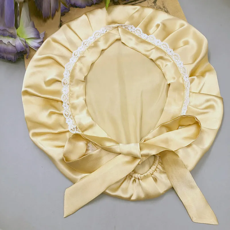 Pure Silk Night Sleep Cap with Lace Ribbons