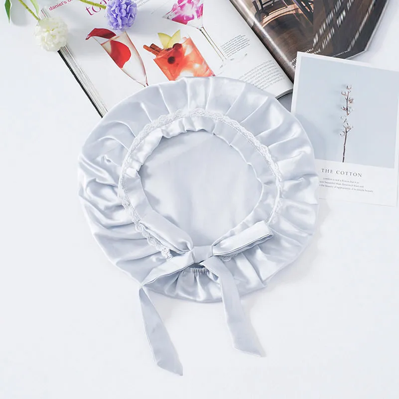 Pure Silk Night Sleep Cap with Lace Ribbons