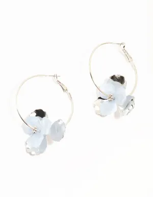 Rhodium & Blue Flower Hoop Drop Earrings