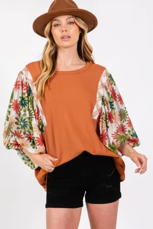 SAGE   FIG Full Size Printed Balloon Sleeve Contrast Top