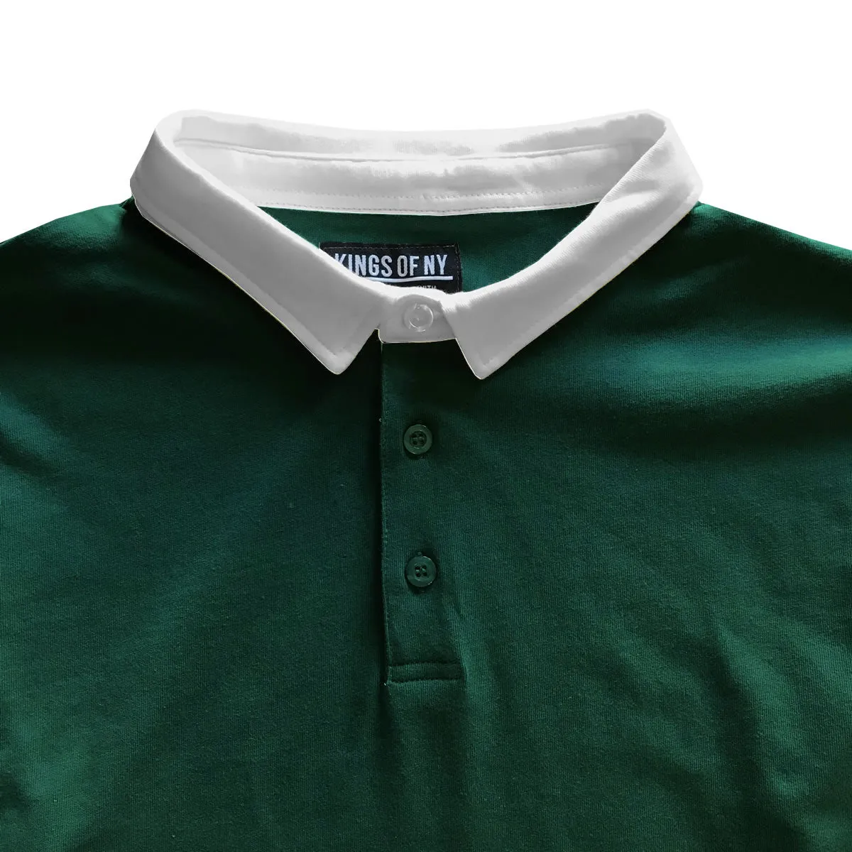 Solid Green with White Collar Mens Long Sleeve Polo Rugby Shirt