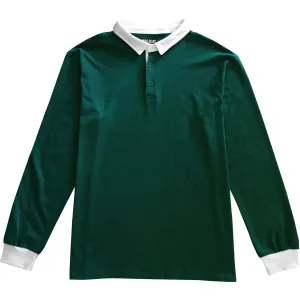 Solid Green with White Collar Mens Long Sleeve Polo Rugby Shirt