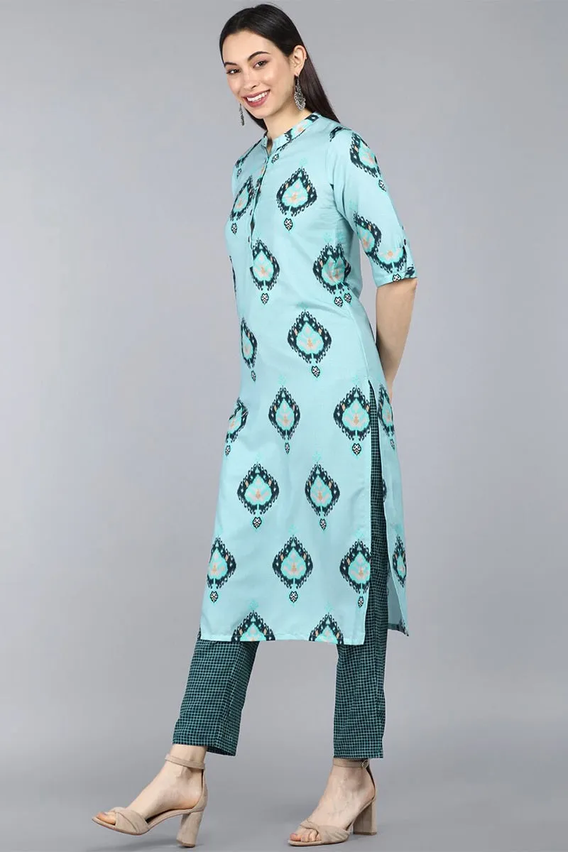 Turquoise Blue Poly Crepe Ethnic Motifs Straight Suit Set