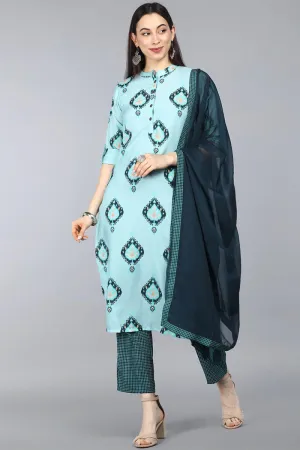 Turquoise Blue Poly Crepe Ethnic Motifs Straight Suit Set