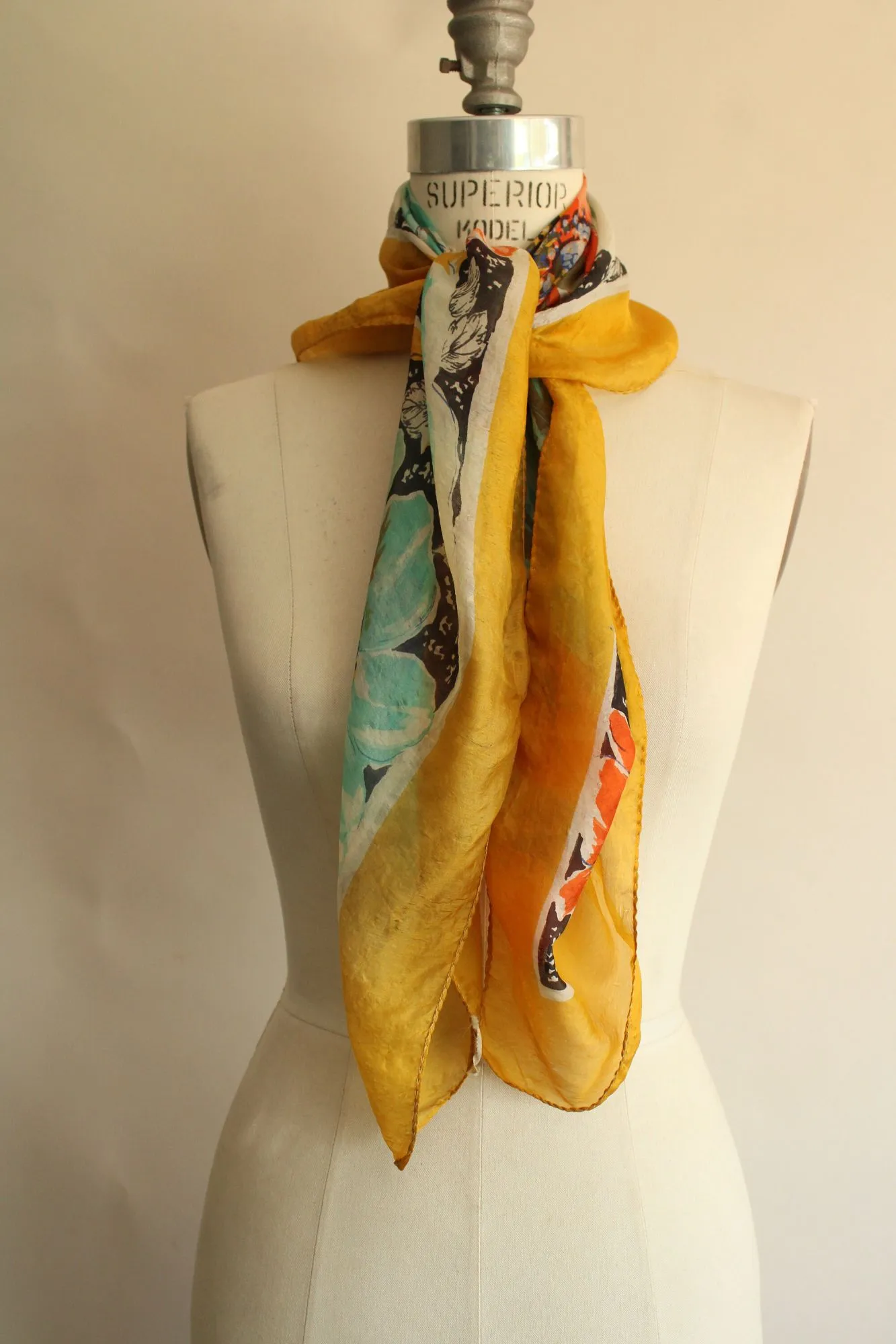 Vintage 1940s 1950s Gold Square Floral Print Silk Scarf