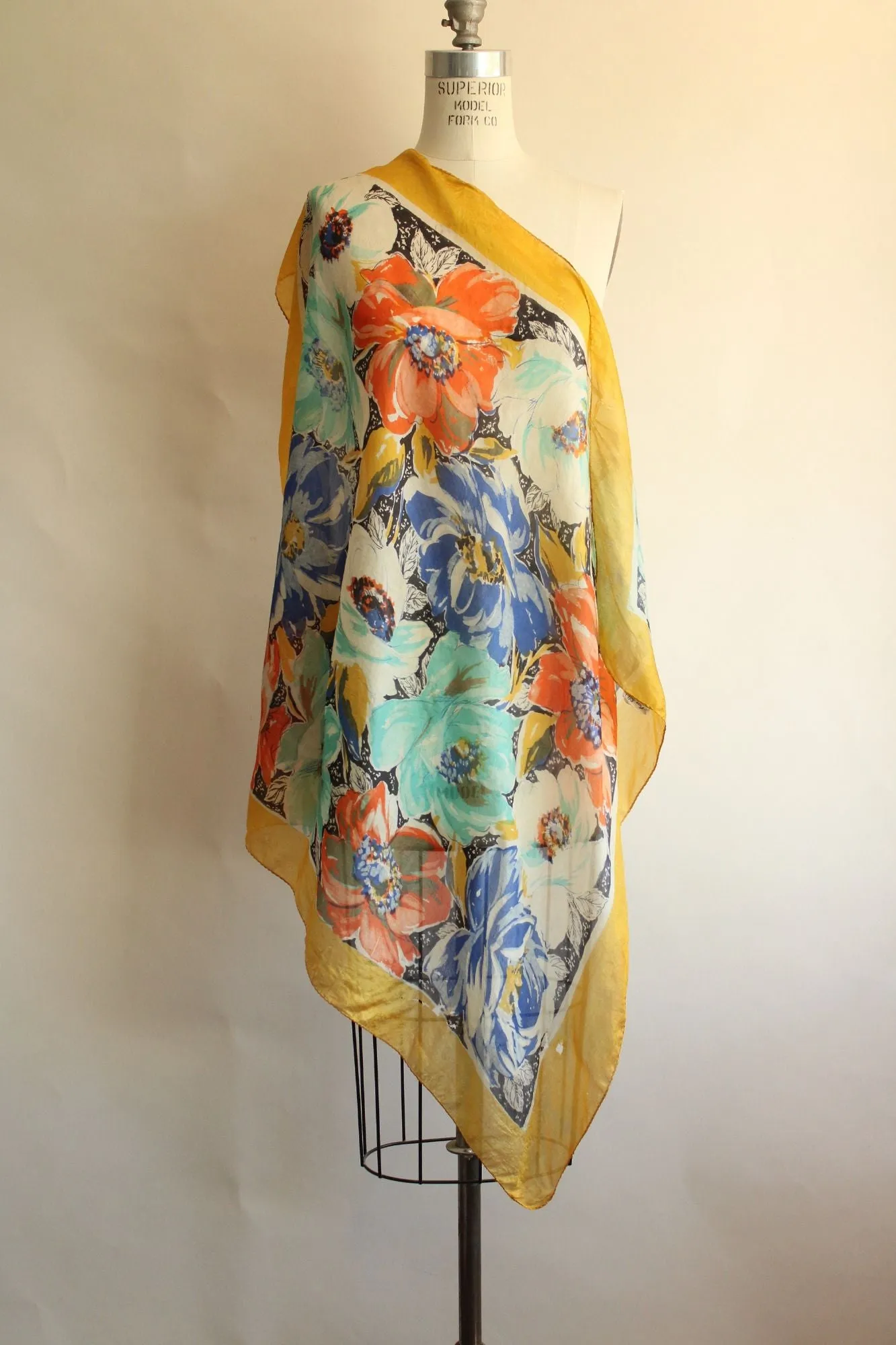 Vintage 1940s 1950s Gold Square Floral Print Silk Scarf