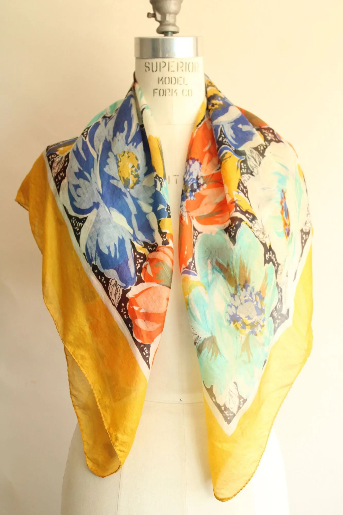 Vintage 1940s 1950s Gold Square Floral Print Silk Scarf