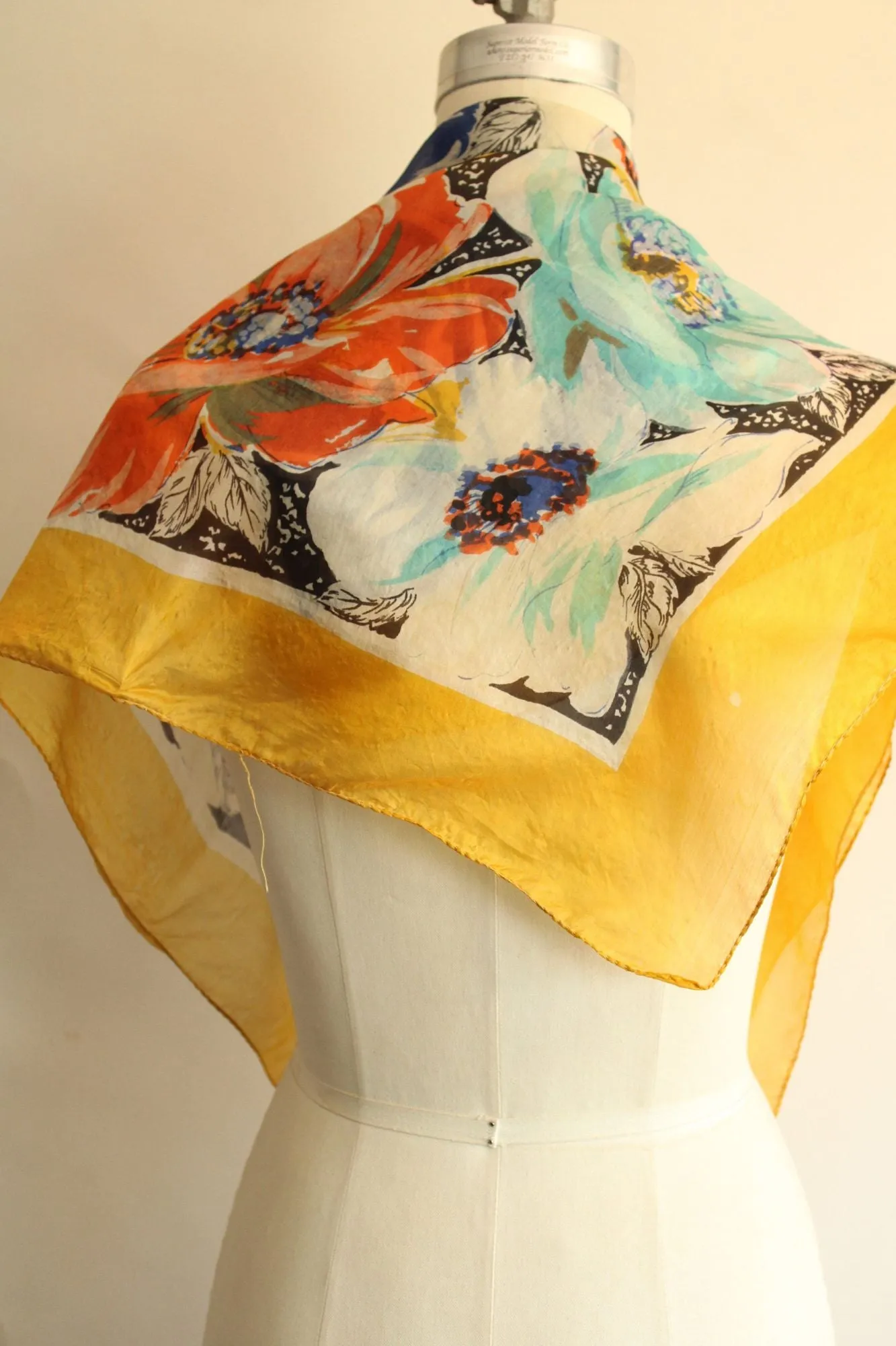 Vintage 1940s 1950s Gold Square Floral Print Silk Scarf