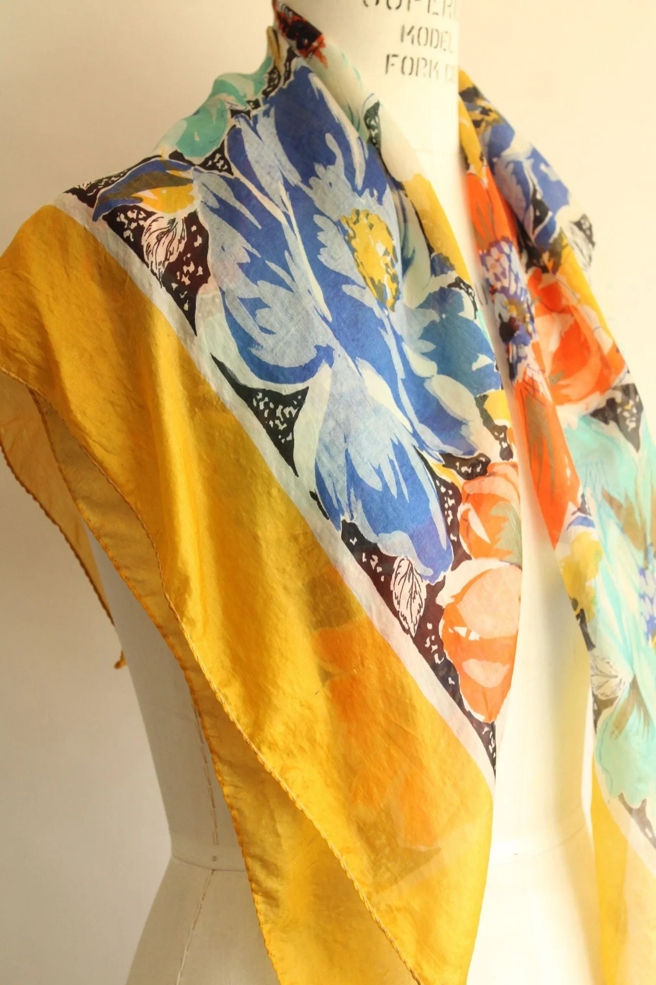 Vintage 1940s 1950s Gold Square Floral Print Silk Scarf