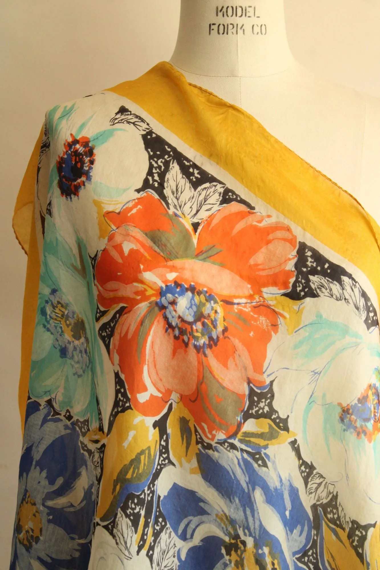 Vintage 1940s 1950s Gold Square Floral Print Silk Scarf