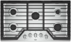 Whirlpool WCG55US6HS 36 Inch Gas Cooktop with 5 Sealed Burners, EZ-2-Lift™ Hinged Grates, SpeedHeat™ Burner, AccuSimmer® Burner, Upswept SpillGuard™ Cooktop, and Dishwasher-Safe Knobs: Stainless Steel