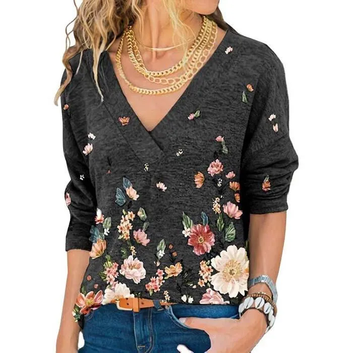 Woman Vintage Floral Print V Neck Long Sleeve Loose Fit Tops