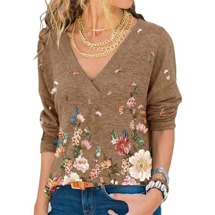 Woman Vintage Floral Print V Neck Long Sleeve Loose Fit Tops