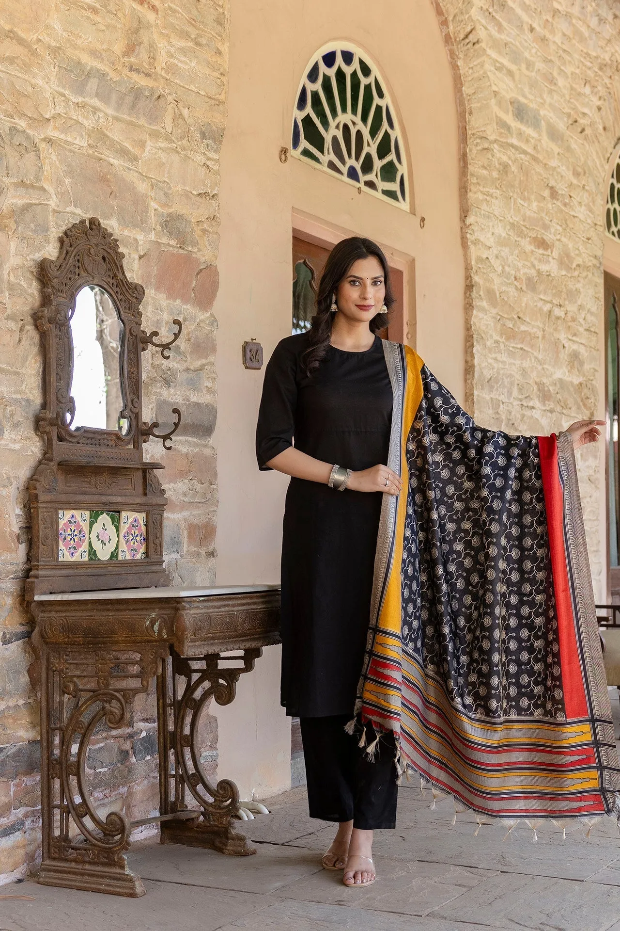 Women Black Kurta With Trouser And Printed Dupatta