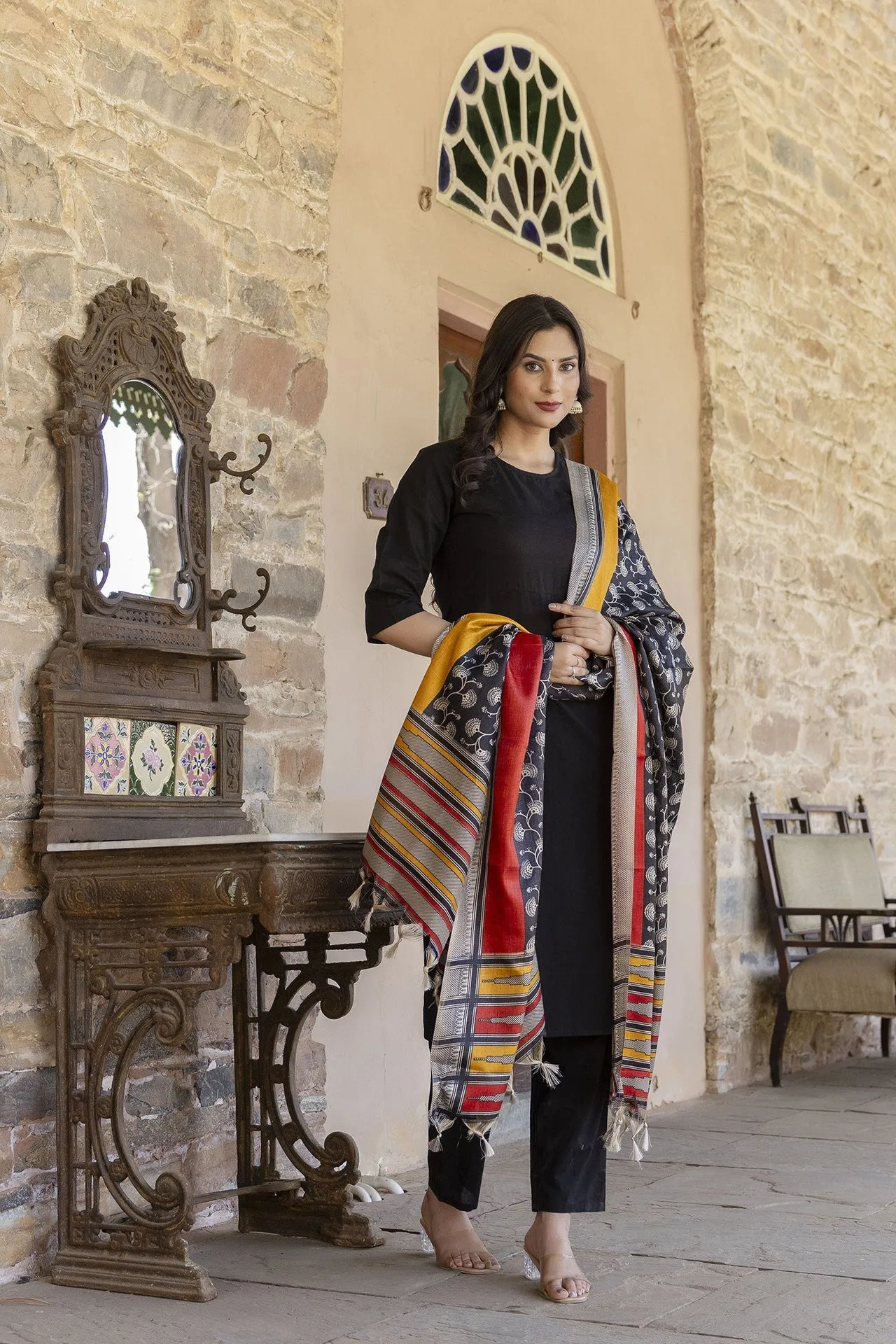 Women Black Kurta With Trouser And Printed Dupatta